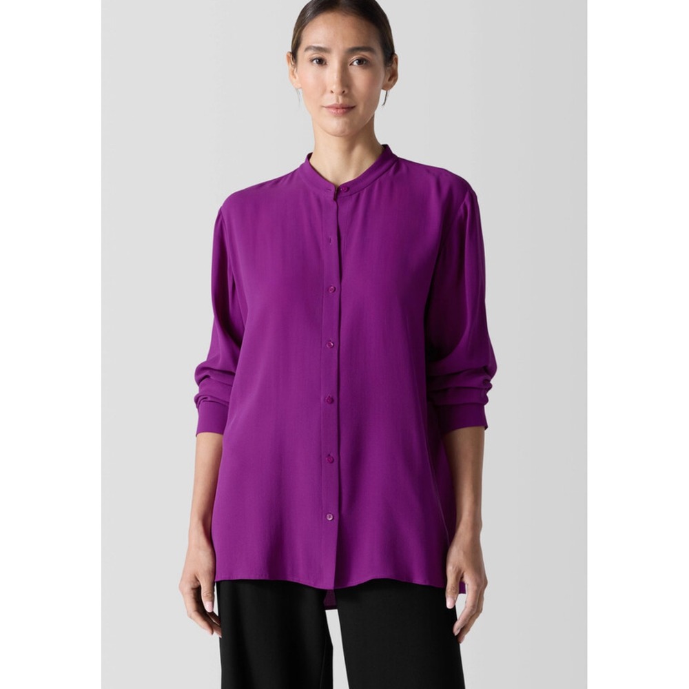 Eileen Fisher 100% Silk Mandarin Collar High Low Tunic Blouse Plum Purple XS